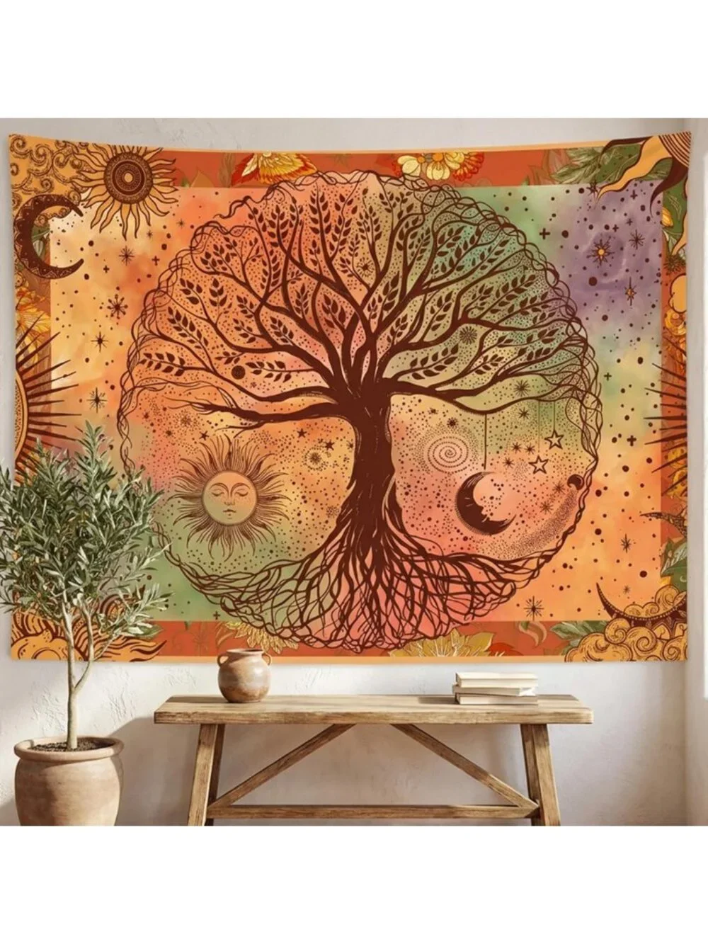 Boho Orange Tree of Life Tapestry - Sun Moon Stars Aesthetic Home Decor, 60x80